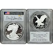 2021 S $1 American Silver Eagle Type 2 First Strike PR-70 PCGS, Emily Damstra Signature