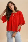 AnnieWear Floral Eyelet Scalloped Blouse
