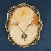 14k White Gold Filigree Diamond Carved Shell Cameo Pin Pendant- Free Shipping US