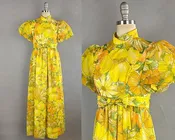 1960s Emma Domb Dress / Yellow Floral Print Dress / Empire Waist Puffed Sleeve Gown by Emma Domb / Yellow Chiffon Dress / Size Medium