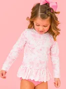 Girls Pink Butterfly Garden Toile Scallop Hem Long Sleeve Rash Guard Swimsuit