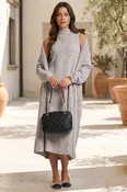 Cowl Neck Dress & Matching Cardigan Set - Charcoal Black