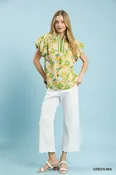 Umgee Floral Jacquard Puff-Sleeve Top – Green Mix