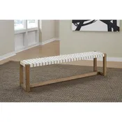A dining room bench made of woven leather and solid wood in white and bisque porcelain.