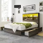 Bed Frame with LED Bookcase Headboard, Wooden Storage Bed with 4 Drawers, Charging Station