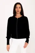 Crew Neck Waffle Zip Cardigan with Grosgrain Trim - DEVIN
