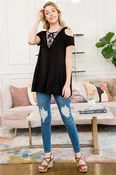 M7561-COLD SHOULDER LACE UP TOP WITH JACQUARD TAPE TRIM 3-2-0