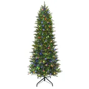 10ft Pre-lit Slim Fraser Fir Tree 800 Dual Color LED Lights UL Listed Adaptor On/Off Foot Pedal Metal Stand Green