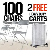 100 Gray Plastic Folding Chair Bundle with 2 Heavy Duty Carts and Safety Straps