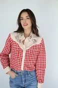 Red Gingham Embroidery Cowboy LS Pearl Snap