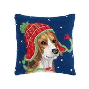 Holiday Beagle with Knit Hat Hand-Hooked Wool Throw Pillow