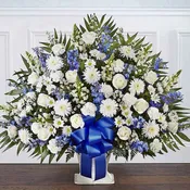 Heartfelt TributeBlue & White Floor Basket Arrangement