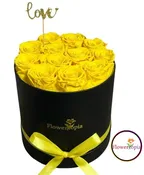 12 PRESERVED YELLOW ROSES IN A ROUND BOX