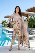 Beige Floral Printed Mulmul Cotton Kurta Pant Set