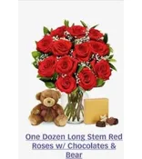 ONE DOZEN LONG STEM RED ROSES/ CHOCOLATES & BEAR