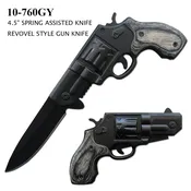 Spring Assist Gun Knife Black Stainless-Steel Blade/Black & Gray Wood Handle SKU 10-760GY