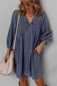 Blue Pleated V Neck 3/4 Sleeve Denim Mini Dress