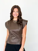 Ava - Faux Leather Shoulder Pleat Blouse (Brown)