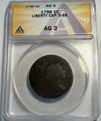 1796 LIBERTY CAP FLOWING HAIR LARGE CENT, S-88 - ANACS AG-3