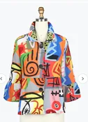 ABSTRACT ART CRINKLE PEPLUM JACKET-Multi