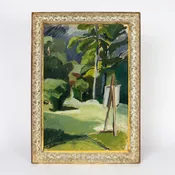 Plein Air Landscape With Easel, Signed, in Vintage Frame