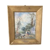 Early 19th Century French Landscape Watercolor painting in Gold Gilt Frame