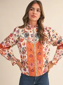 Exclusive Floral Border Print Top with Floral Trim - IVORY MULTI