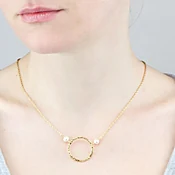 Hammered Hoop & Pearl Pendant Necklace | AAA 6mm Natural White Freshwater Cultured