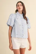 Floral Embroidery Striped Ruffled Button Down Top - Sky Blue Stripe