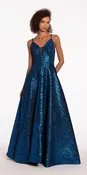 Plunging Metallic Beaded Jacquard Ballgown with Pockets