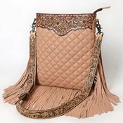 American Darling Large Western Cross Body Bag Handcrafted from Quilted & Hand-Tooled Genuine Leather | Full Fringe, Buckstitch & YKK Zipper