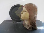 Female Sculpture Bust of Girl Art Pottery Masterwork Portrait and Corresponding Charger c. 1960-70 California Woman Artist Signed