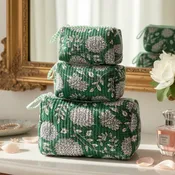 AMRANIS - Green Block Printed Toiletry Bag - Set of 3