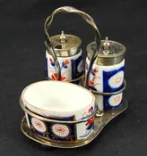 19thC Imari Mustard Pepper Salt Set EPNS Silver England