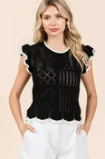 Black Openwork Contrast Trim Ruffled Cap Sleeve Knit Top (Online Exclusive)