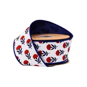 2 1/2" Wired Dupioni Ribbon Red White & Blue Floral w/ Blue Backing 10 YD Roll