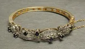 14KT Gold 3.25TCW Navy Blue Sapphire &amp; Diamond Ribbon Edwardian Filigree Bracelet C1950