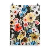 Bright Flowers on Black Watercolor Print