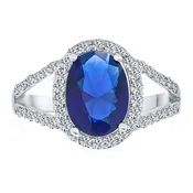 10CT Sapphire Blue CZ Oval Halo Statement Cocktail Ring Split Band Rhodium