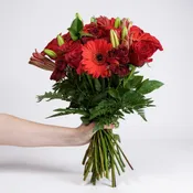 Burgundy & Red Roses, Red Lilies & Gerbera Daisies Bouquet – “Scarlet Flame”