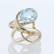 14K Gold Solitaire Swiss Blue Topaz Anniversary Cocktail Statement Swirl Ring