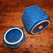Distressed Debossed Stoneware Jar with Lid, Blue