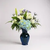 Blue Hydrangeas, White Lilies & Calla Lilies Arrangement – “Beautiful & Blue”