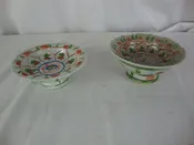 Antique Porcelain Floral Pedestal Trinket Offering Dishes Set of 2 *CHIPS*