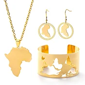 Ensemble de Bijoux Carte du Monde en Acier Inoxydable Doré