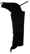 Suede leather chaps with fringe down each leg. Comes with engraved concho in back