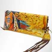 American Darling Envelope Bag - Hand-Painted Vegetable-Tanned Genuine Leather Western Clutch with Fringes - 6.5in x 12in