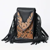 American Darling Western Leather Cell Phone Holder - Eco-Friendly Full Grain Leather Hand Tooled Floral Carved Fringe Case