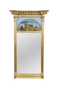 Antique Federal Regency Giltwood Trumeau Eglomise Reverse Painted Pier Mirror