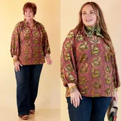 Beautifully Refined Olive Green Velvet and Metallic Detail Textured Floral Long Sleeve Blouse in Dusty Rose Mauve